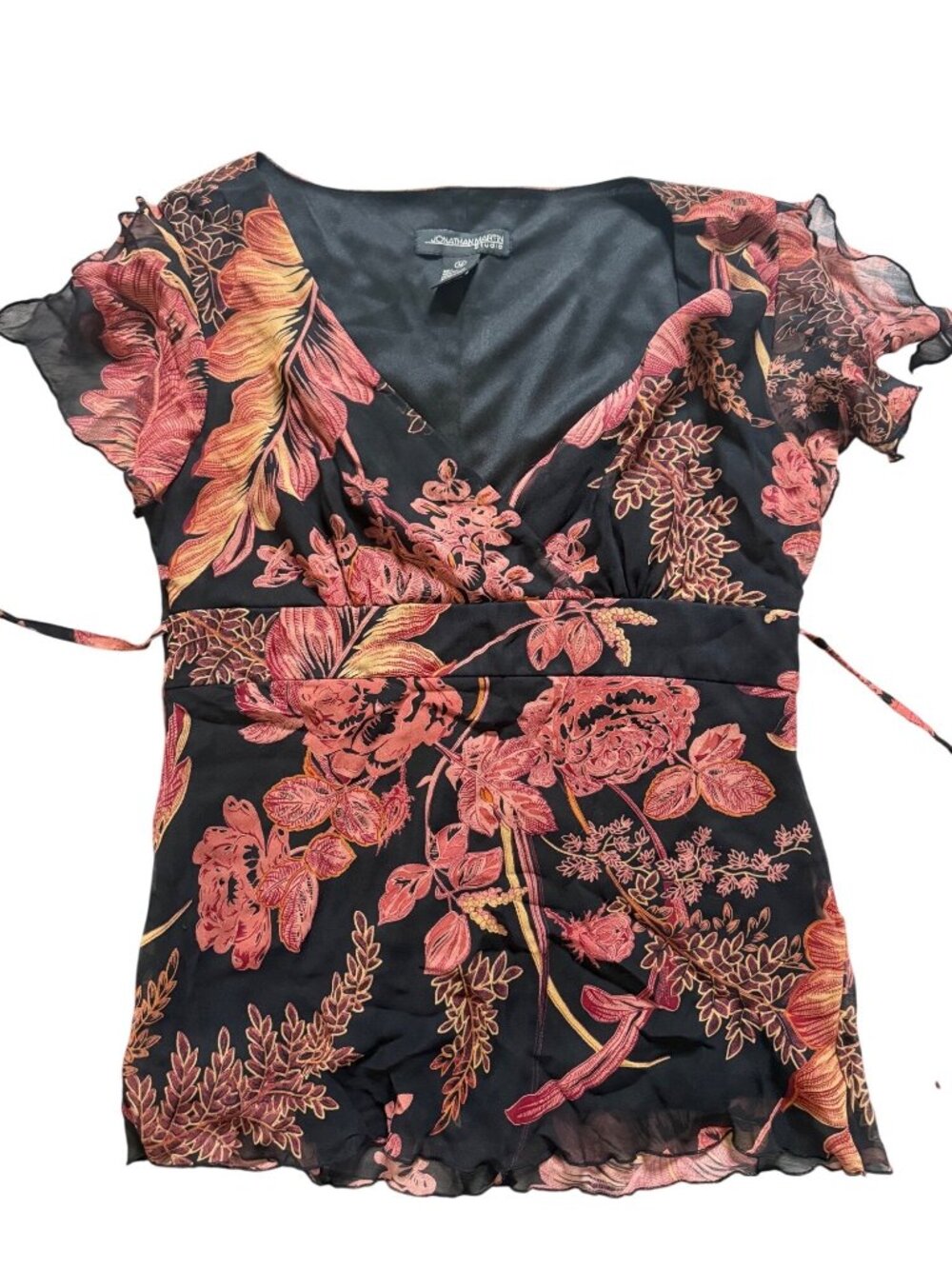 Y2k JM Studio Babydoll Silk Floral Wrap Blouse Sheer Fairy grunge Whimsigoth M